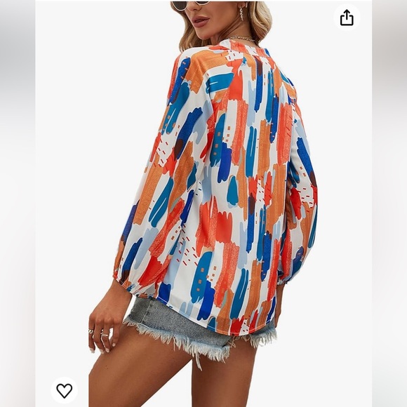 Tops - NWOT V Neck Boho Ballon Sleeve Mixed Print Light Weight Long Sleeve Top